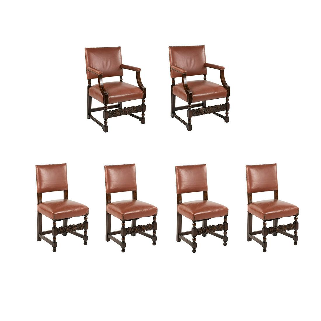 (6) Set of 6 Cromwellian Style Leather Dining Chairs: A set of six (6) Baroque Cromwellian style leather upholstered and carved dining chairs having copper tone leather upholstery on the back, arms, and seats with heavily carved lower apron depicting gra
