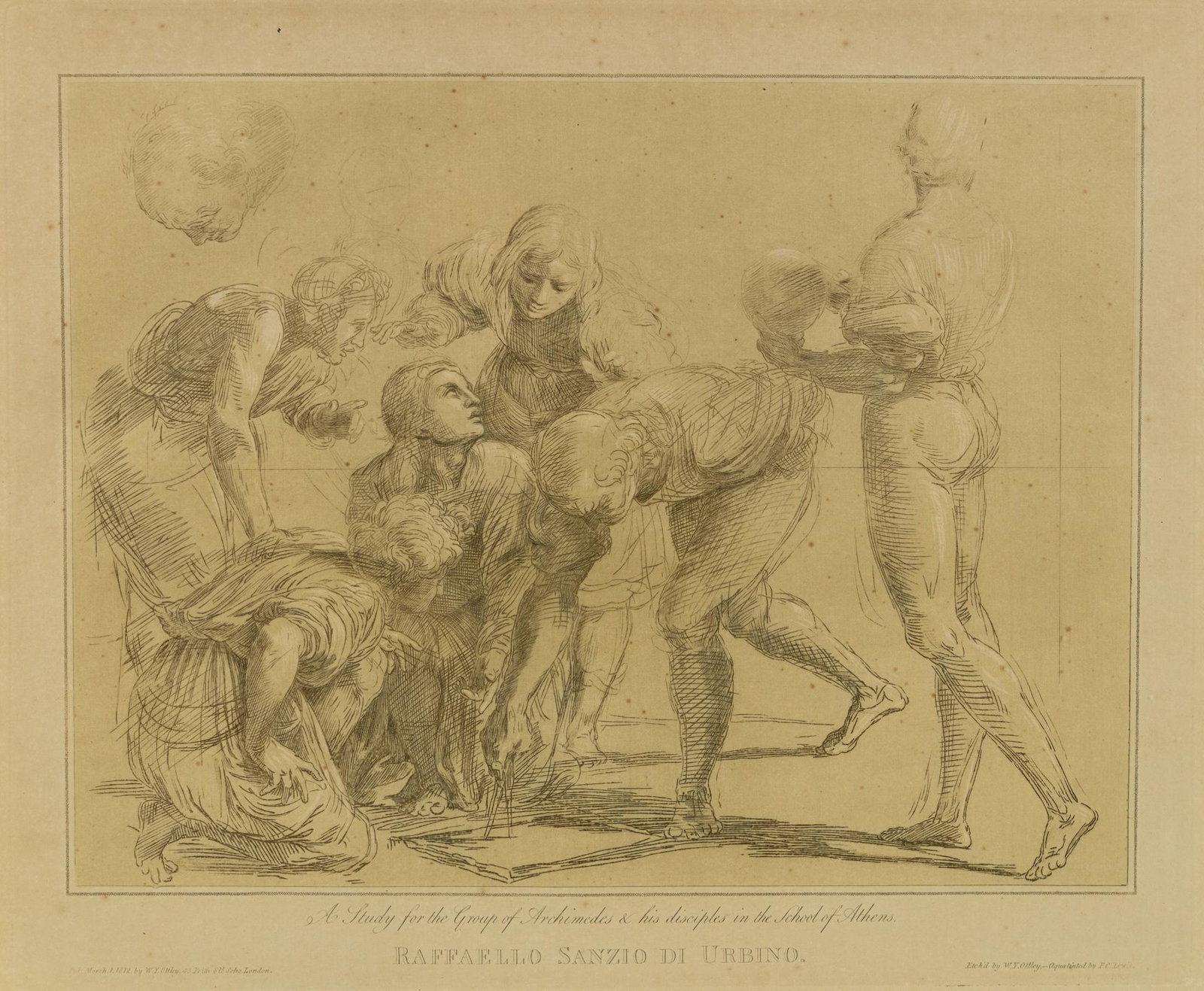 19th C W.Y. Young and F.C. Lewis Archimedes Aquatint: An early 19th century aquatint etching by engraver William Young Ottley (British, 1771 - 1836) and Frederick Christian Lewis (British, 1779 - 1856) 'A study for the group of Archimedes & his disciples