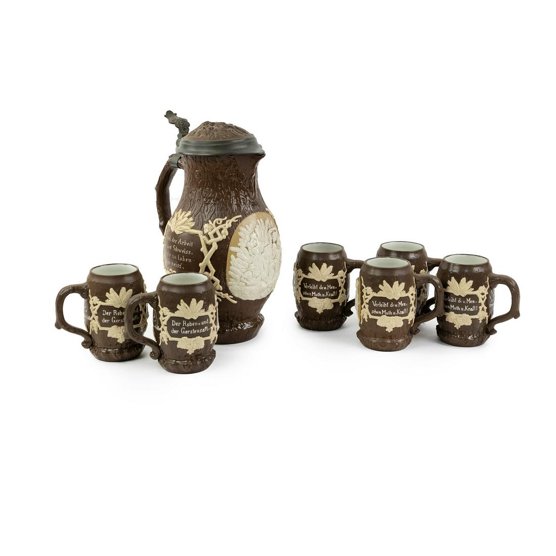 (7) Mettlach 'Harvest' 0.5L Pottery Steins & 4L Master (1 of 10)