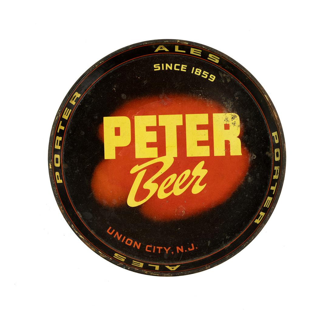 1930s Peter Beer "Porter Ales" Metal Beer Tray: A 1930s Peter Beer "Porter Ales" round metal beer tray by the William Peter Brewing Corp. of Union City, New Jersey. This piece features a simplistic design, which reads "Peter Beer Since 1859" in cre