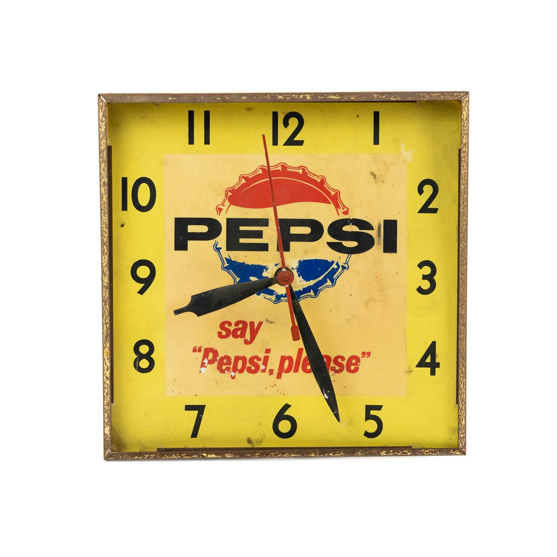 Vintage Lighted Pepsi Bar Diner Wall Clock: A vintage Pepsi lighted wall clock with bottle cap logo reading "say 'Pepsi, please'" having a plastic face and metal frame and hands. Missing front glass panel.