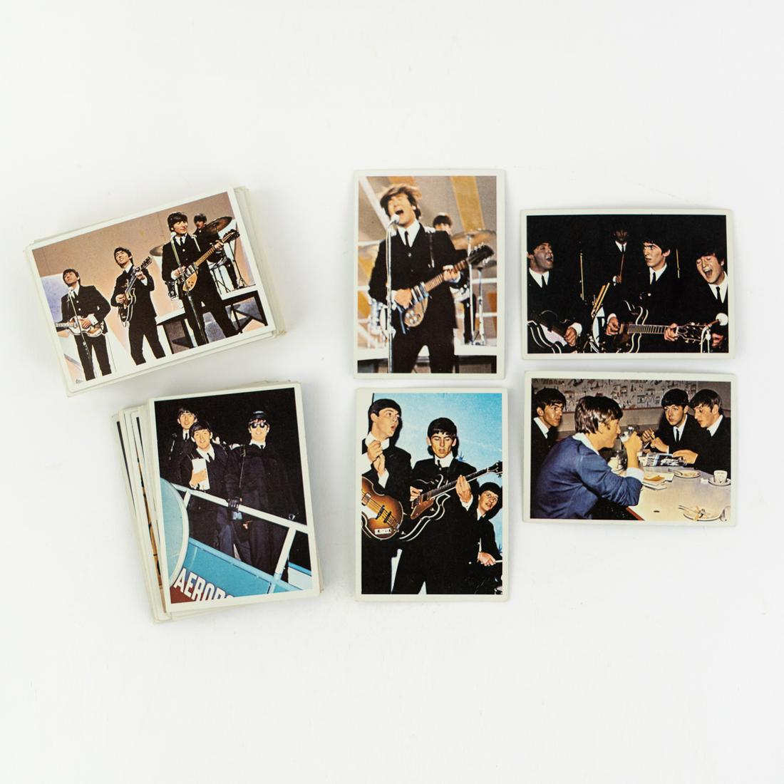 (46) 1964 Topps Beatles Diary & Movie Trading Cards: A group of 46 Topps 1964 Beatles cards including 24 Beatles Diary full-color photo trading cards and 22 Beatles Movie 'A Hard Day's Night' black and white photo trading cards. Some doubles may be incl