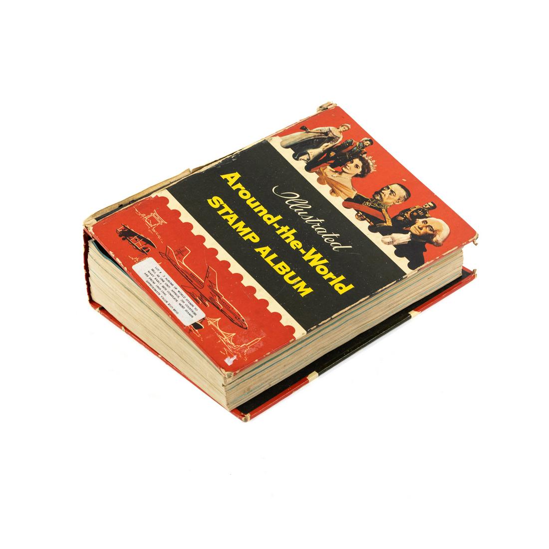 Around The World Stamp Album Partially Completed: A partially completed vintage stamp album 'Illustrated Around-the-World Stamp Album' circa 1960 containing sheets with approximately 200 countries. Includes several partially filled sets with antique