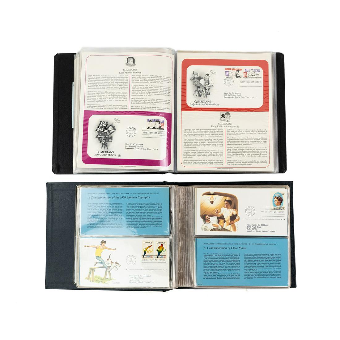 (2) US Postmasters & First Day Cover Stamp Albums: A group of 2 First Day Cover stamp albums including a completed Postmasters of America Philatelic First Day Covers album containing 57 commemorative stamp covers each paired with a corresponding infor