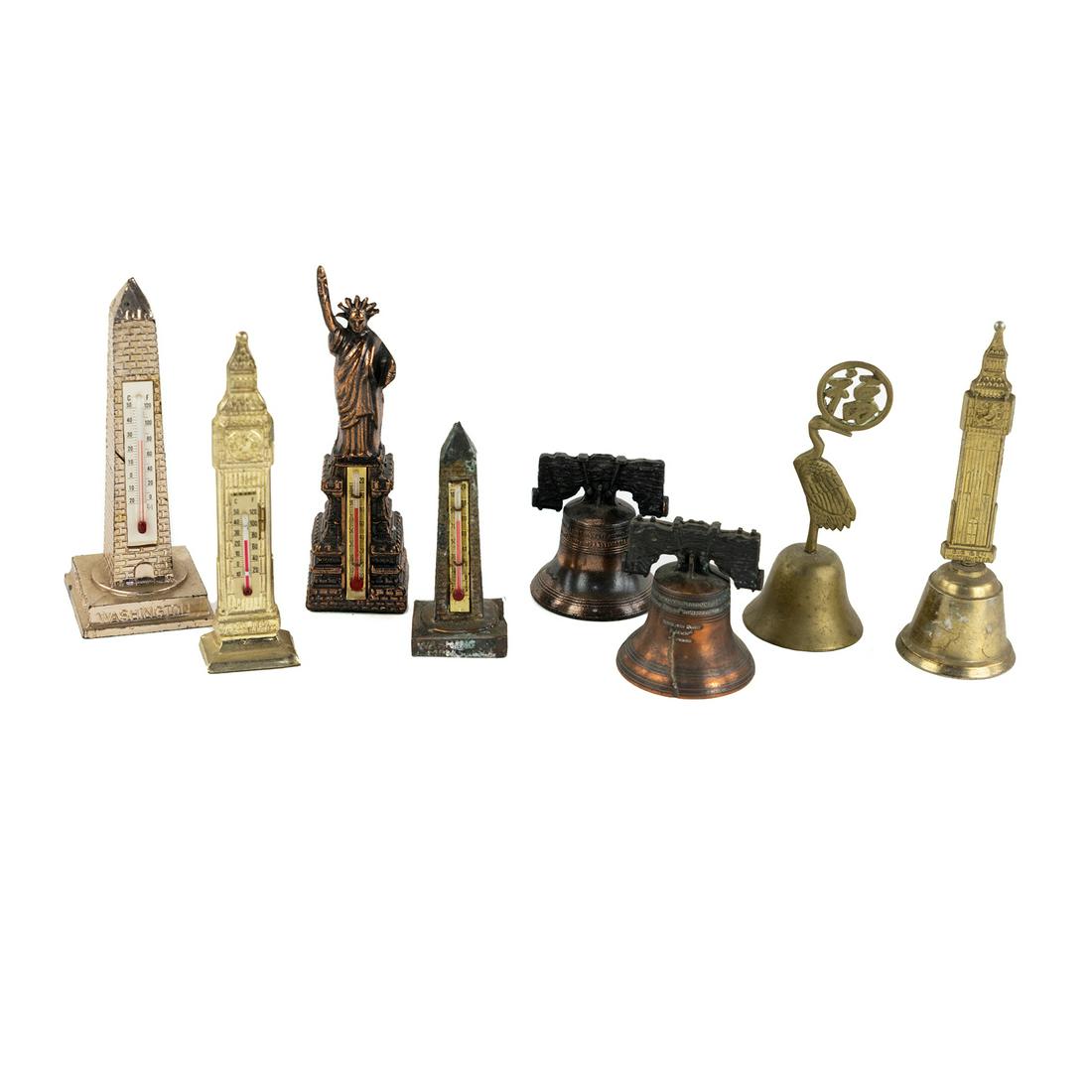 (8) Metal Monument & Bell Thermometer Souvenirs: A group of metal miniature liberty bells and thermometer souvenirs including Washington Monument, Statue of Liberty, Big Ben, a crane with medallion, 2 Pennsylvania Liberty Bells.