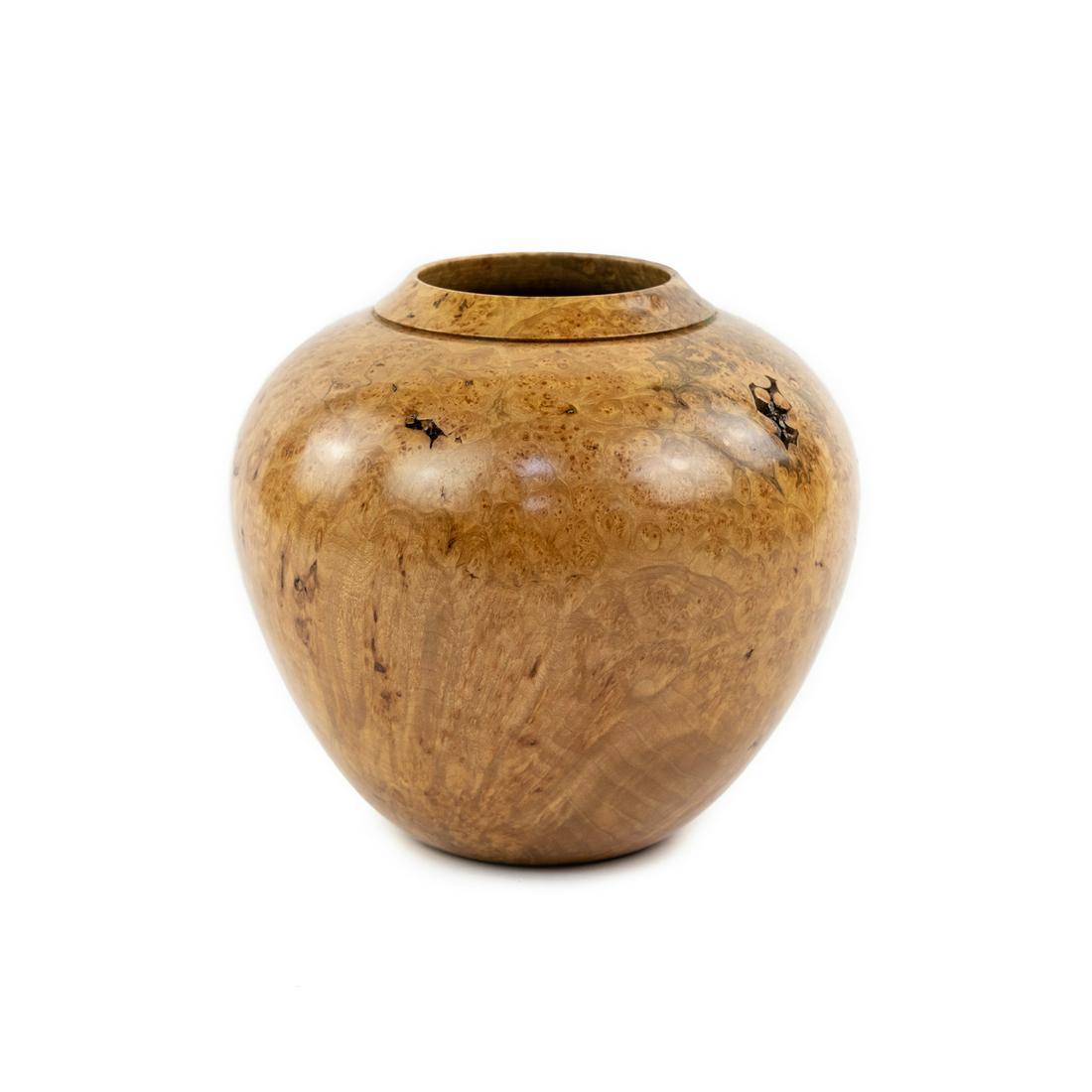 Goines Hand-Turned Burl Maple Wood Signed Vase: A Goines hand-turned burl maple wood vase signed on the underside 'Goinges', 'Maple', '3.96'.