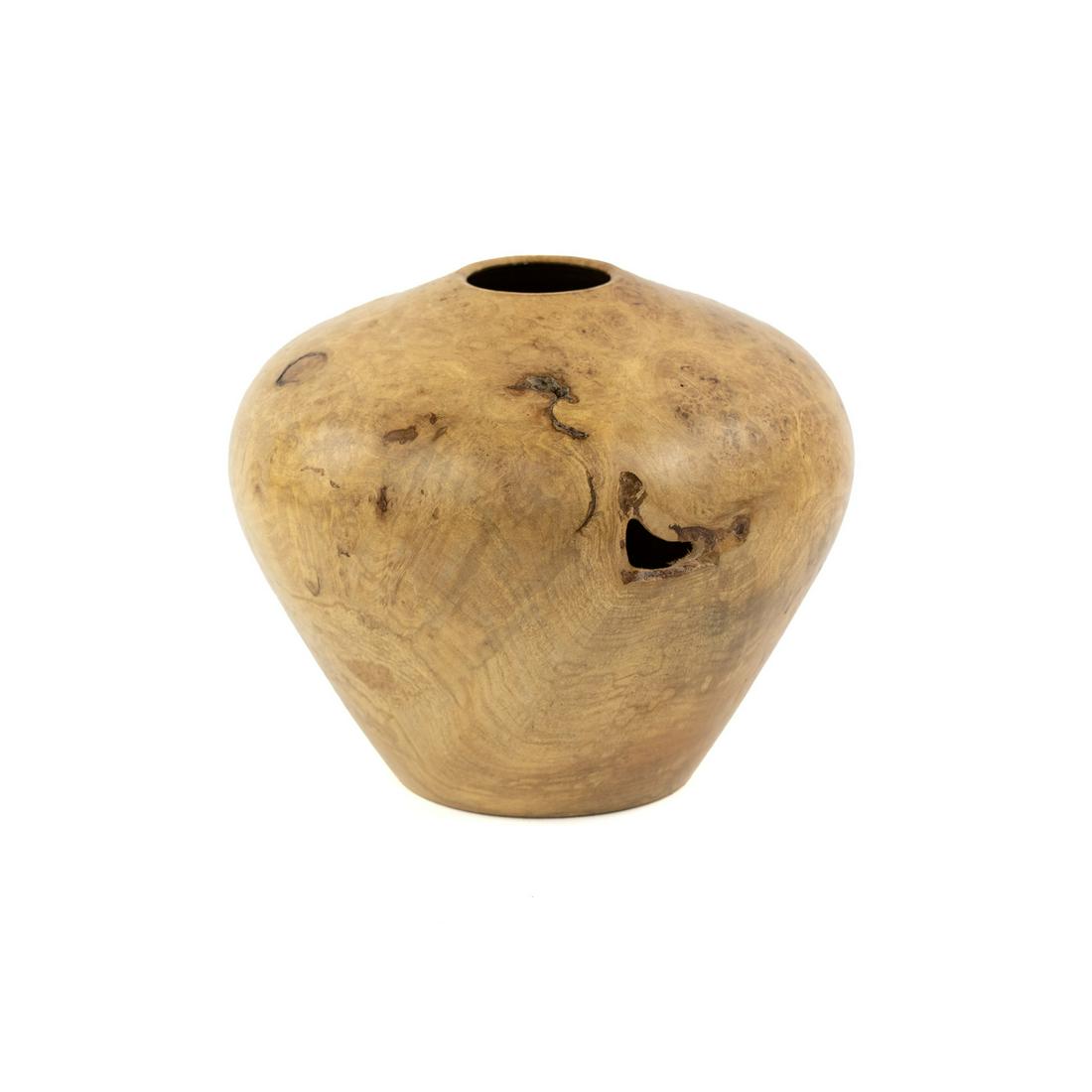 Bob Miller Hand-Turned Maple Burl Wood Vase: A Bob Miller hand-turned maple burl wood vase signed in marker on the underside 'Bob Miller', 'Maple Burl'.