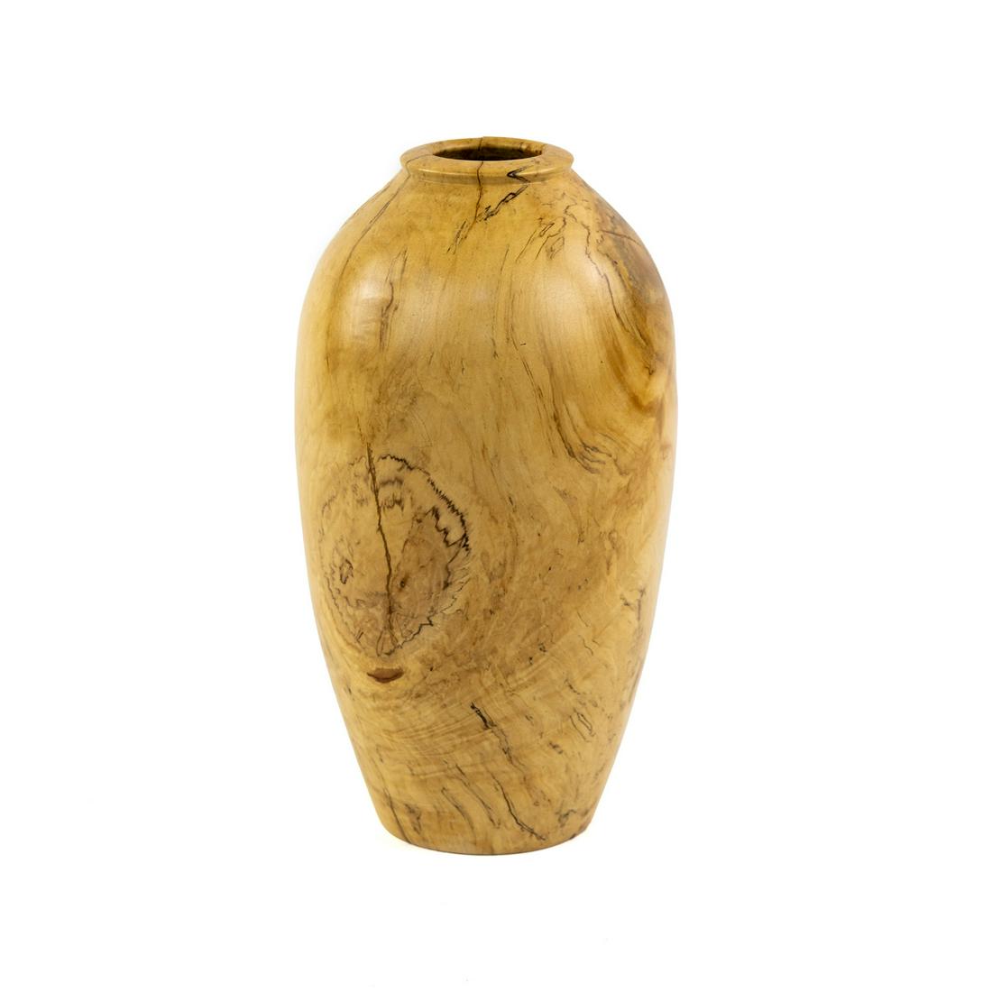 Bob Miller Hand-Turned Spalted Maple Vase: A Bob Miller hand-turned spalted maple wood vase signed on the underside 'Bob Miller', 'Spalted Maple'.