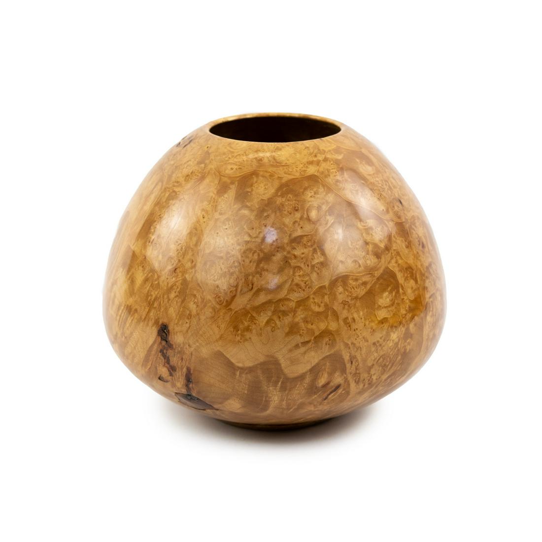 D Goines Hand-Turned Sugar Maple Burl Wood Vase: A D. Goines hand-turned sugar maple burl wood vase signed on the underside 'D Goines', 'Sugar Maple Burl', '4/95', 'Psalm 32:7'.