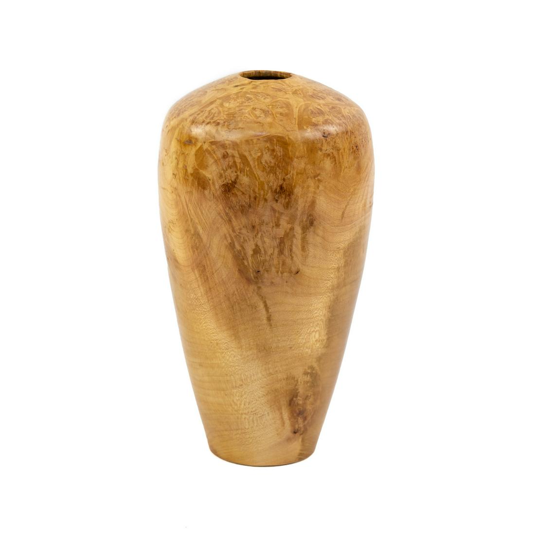 Bob Miller Hand-Turned Maple Burl Wood Vase: A Bob Miller hand-turned maple burl wood vase signed on the underside 'Bob Miller', 'Maple Burl'.