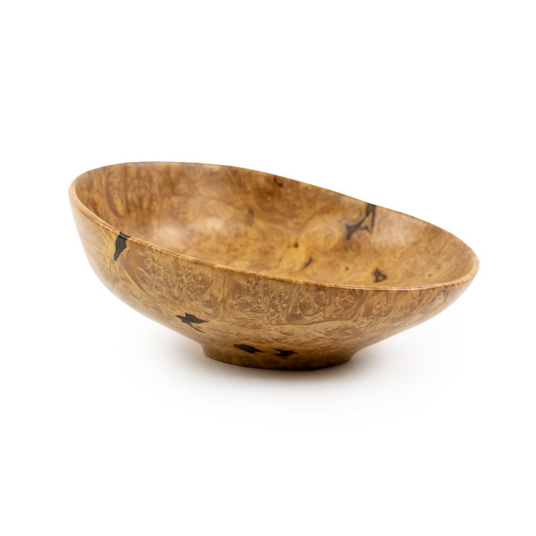 Hand-Turned Maple Burl Wood Signed Bowl: A hand-turned maple burl wood bowl signed with artist's initials on the underside.