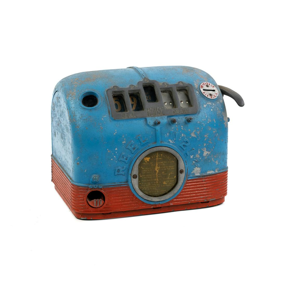 1930's Daval Reel 21 Cigarette Trade Stimulator: A Daval Co. 'Reel 21' Blackjack trade stimulator circa 1936 having a cast aluminum body painted blue and red. Has 5 reels, coin insert, gumball vendor, side lever, and central instructions panel benea