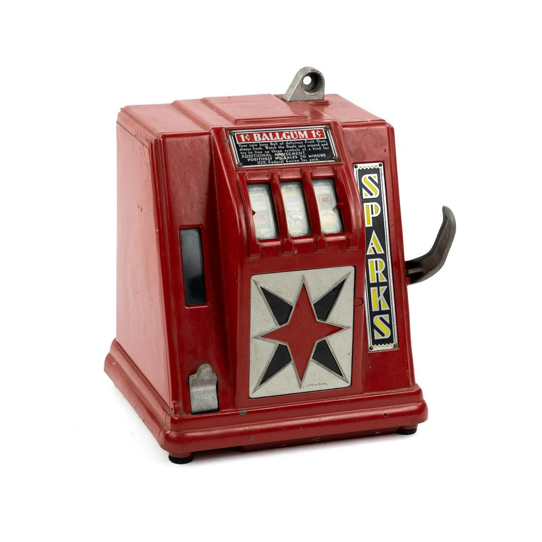 Groetchen Sparks Ballgum Cigarette Trade Stimulator: A Groetchen Tool Co. slot machine type trade stimulator having 3 cigarette reels, a gumball dispenser, and a side pull lever. Every pull yields 1 trade token that can be exchanged for cigarettes if 3 