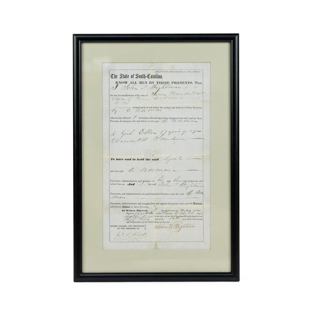 1855 SC Slave Bill of Sale - 17 Year Old Girl: A private bill of sale from Charleston, South Carolina circa 1855 for the sale of a 17 year old girl named Ellen from John T. Wightman to a C. Norman for the sum of $725 having partially printed, part