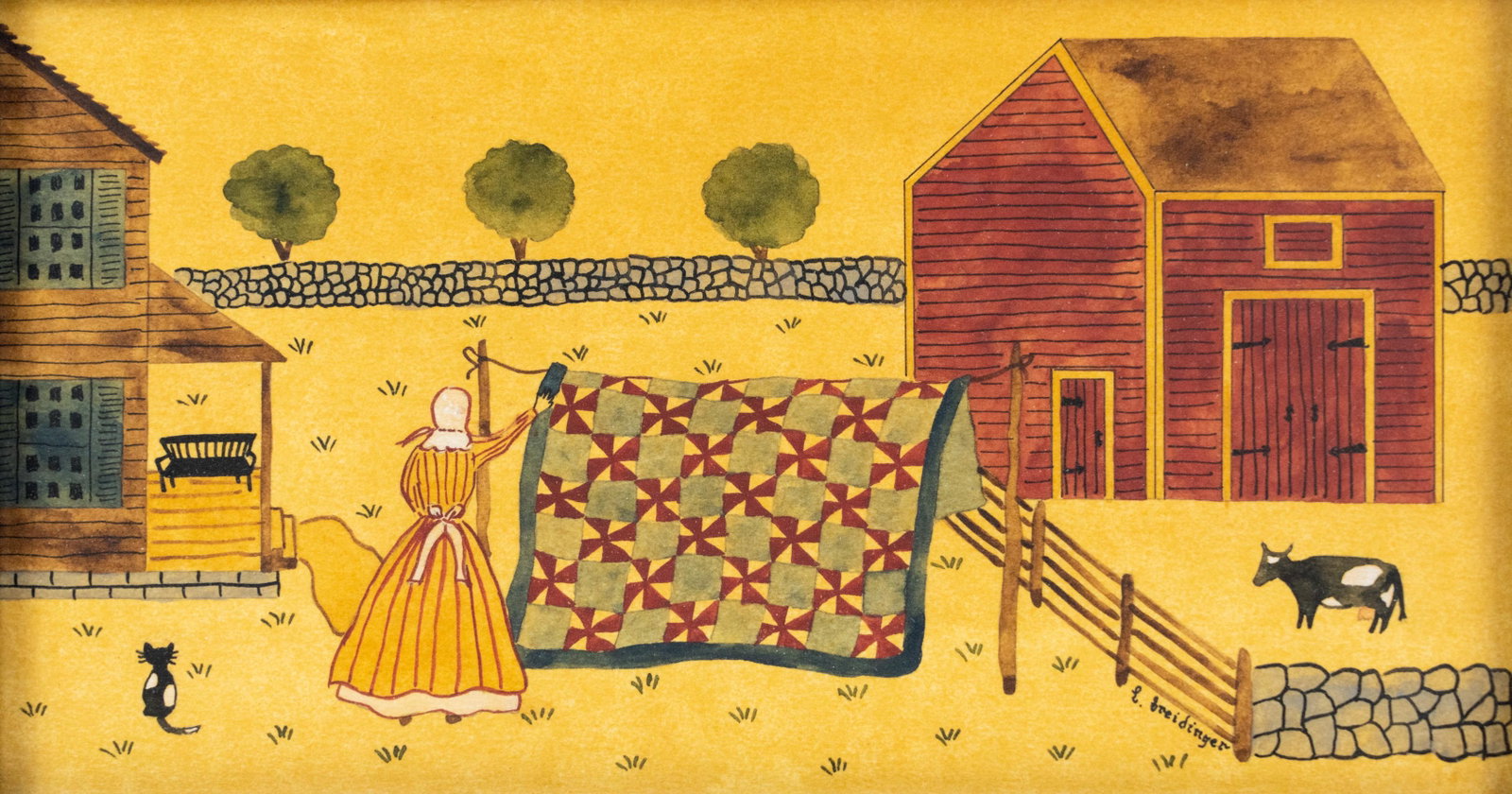 L. Breidinger Signed Folk Art Painting: An L. Breidinger watercolor and ink on toned paper depicting a farm scene with a figure hanging a quilt on a clothesline. Signed lower right. Presented in a painted blue frame behind glass.