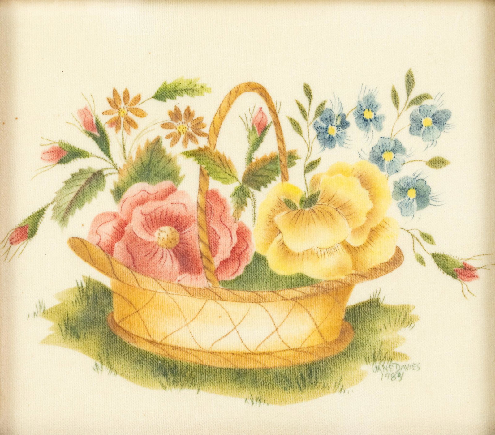 Jane Davies Signed Rose Basket Theorem Painting: A Jane Davies (American, contemporary) theorem stencil painting on velvet circa 1984 titled 'Small Yellow Rose Basket' depicting a floral arrangement in a basket. Signed and dated '1984' lower right. 