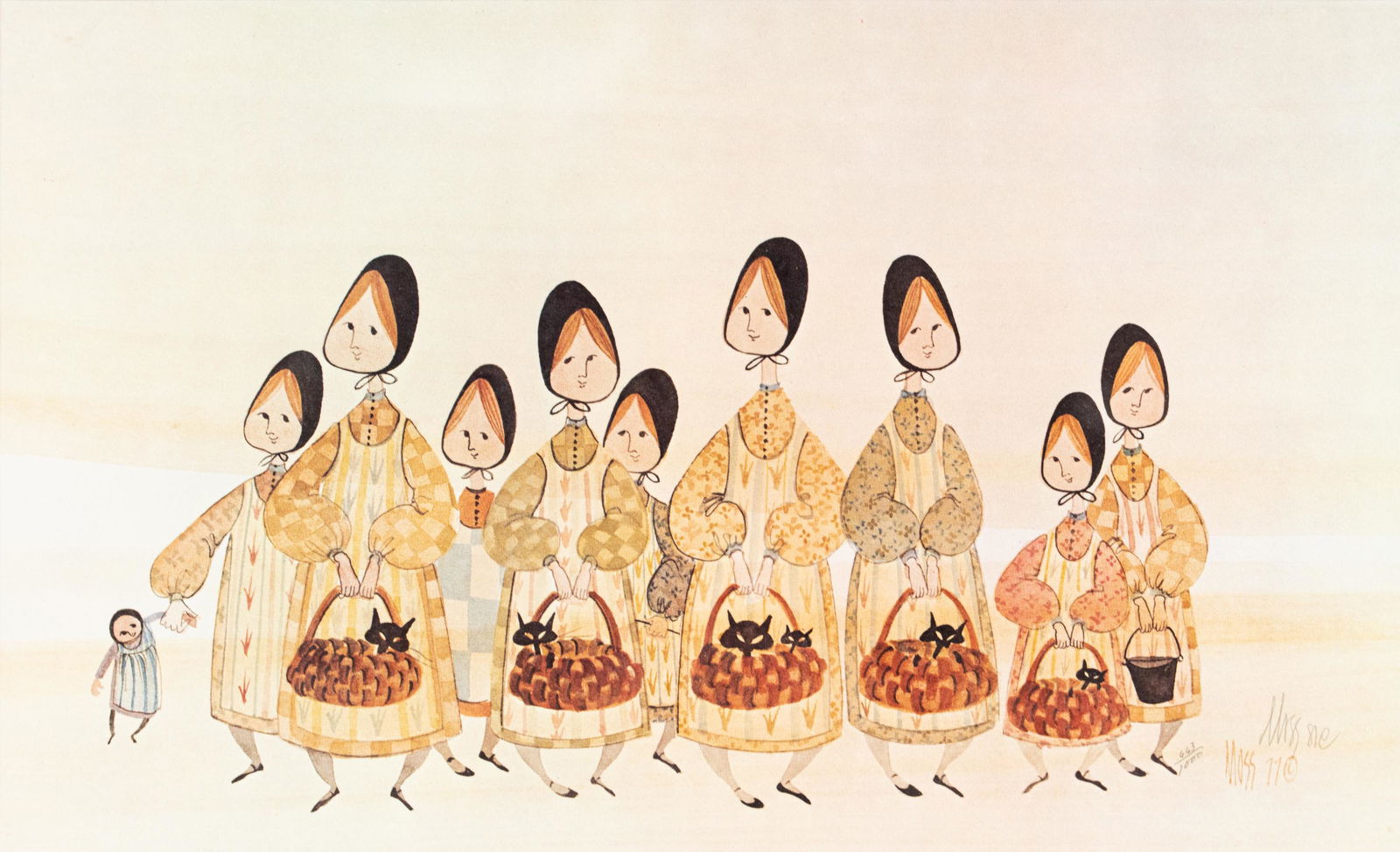 P. Buckley Moss Signed Limited Edition Print: A P. Buckley Moss (American, contemporary) signed limited edition print circa 1981 depicting a group of Amish figures holding baskets with cat-like faces peeking out of each. Signed in pencil lower ri