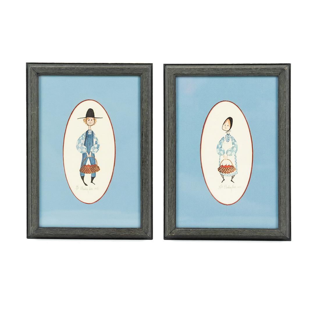 (2) P. Buckley Moss Signed Limited Edition Prints: A group of 2 P. Buckley Moss (American, contemporary) signed limited edition prints circa 1977 each depicting an Amish figure holding a basket of apples. Each is editioned, signed, and dated in pencil