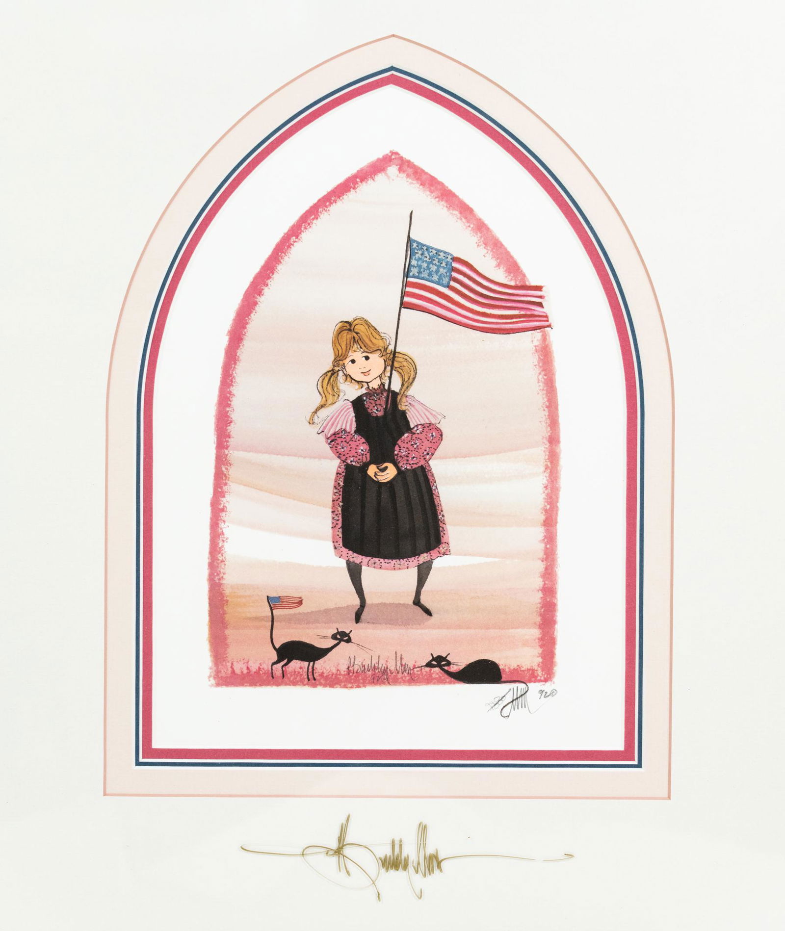 P. Buckley Moss 'Karen's Flag' Signed Lithograph: A P. Buckley Moss (American, contemporary) limited edition offset lithograph circa 1992 titled 'Karen's Flag' depicting a figure holding a flag with 2 cats. Signed on plate lower center, signed and ed