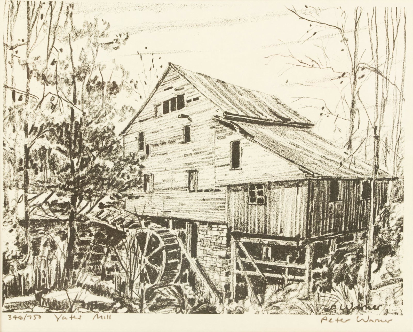 Peter Warner 'Yates Mill' Signed Lithograph: A Peter Warner limited edition lithograph print titled 'Yates Mill' depicting a view of the historic mill in North Carolina. Signed in plate and in pencil lower right. Editioned and titled in pencil l