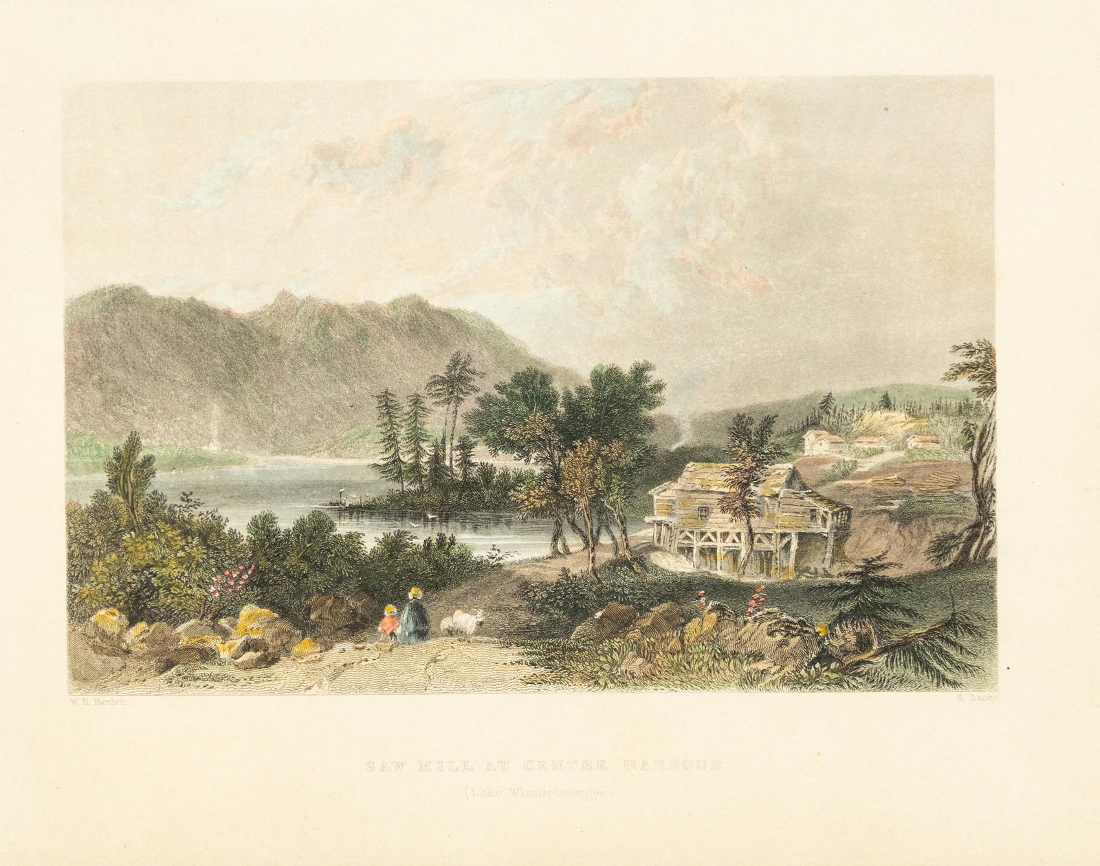 Samuel Lacey 'Saw Mill at Centre Harbour' Engraving: A hand-colored engraving by Samuel Lacey (1786-1859) circa 1838 titled 'Saw Mill at Centre Harbour (Lake Winnipiseogee) from an original study by William Henry Bartlett. Originally produced for the pa