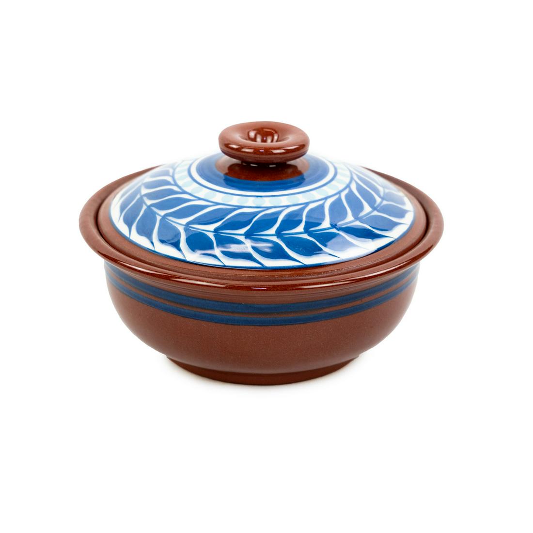Signed Hand-Made Art Pottery Casserole Dish: A hand-made art pottery casserole dish having a lid decorated with a blue foliate motif. Signed 'JR' on the bottom.