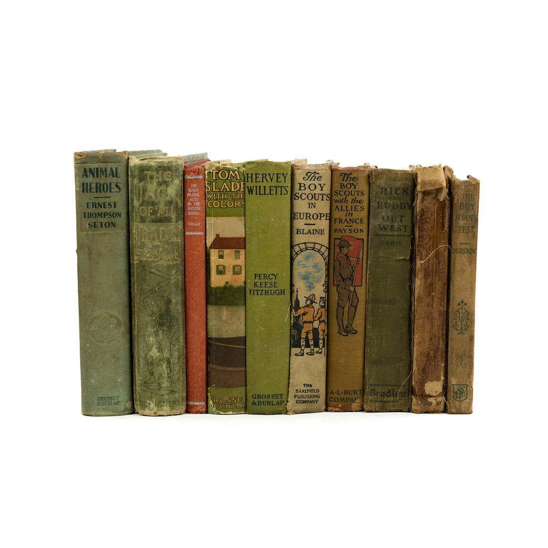 (10) Vintage Boy Scouts Hardcover Fiction Books: A group of 10 vintage Boy Scouts hardcover fiction books including 'The Jack of All Trades' by D.C. Beard, 'Tom Slade With The Colors' by Percy K. Fitzhugh, 'The Boy Scouts in Europe' by Captain John