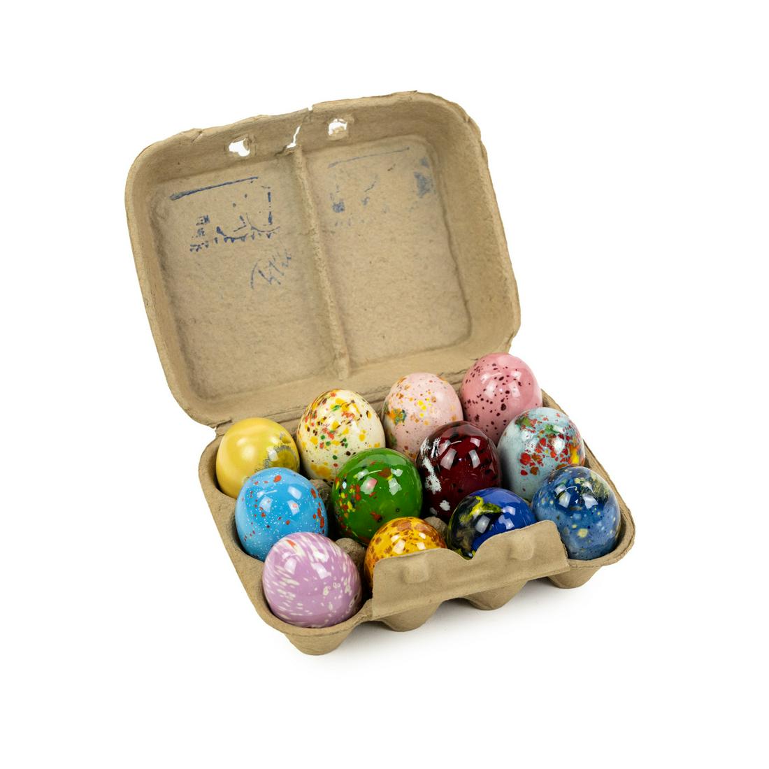 Dozen Hand-Made Glazed Ceramic Eggs: A dozen hand-made art pottery glazed hollow ceramic eggs having a variety of vibrant colors and glaze applications. Each has a hole on one side where it can be set on a surface. Contained in a vintage