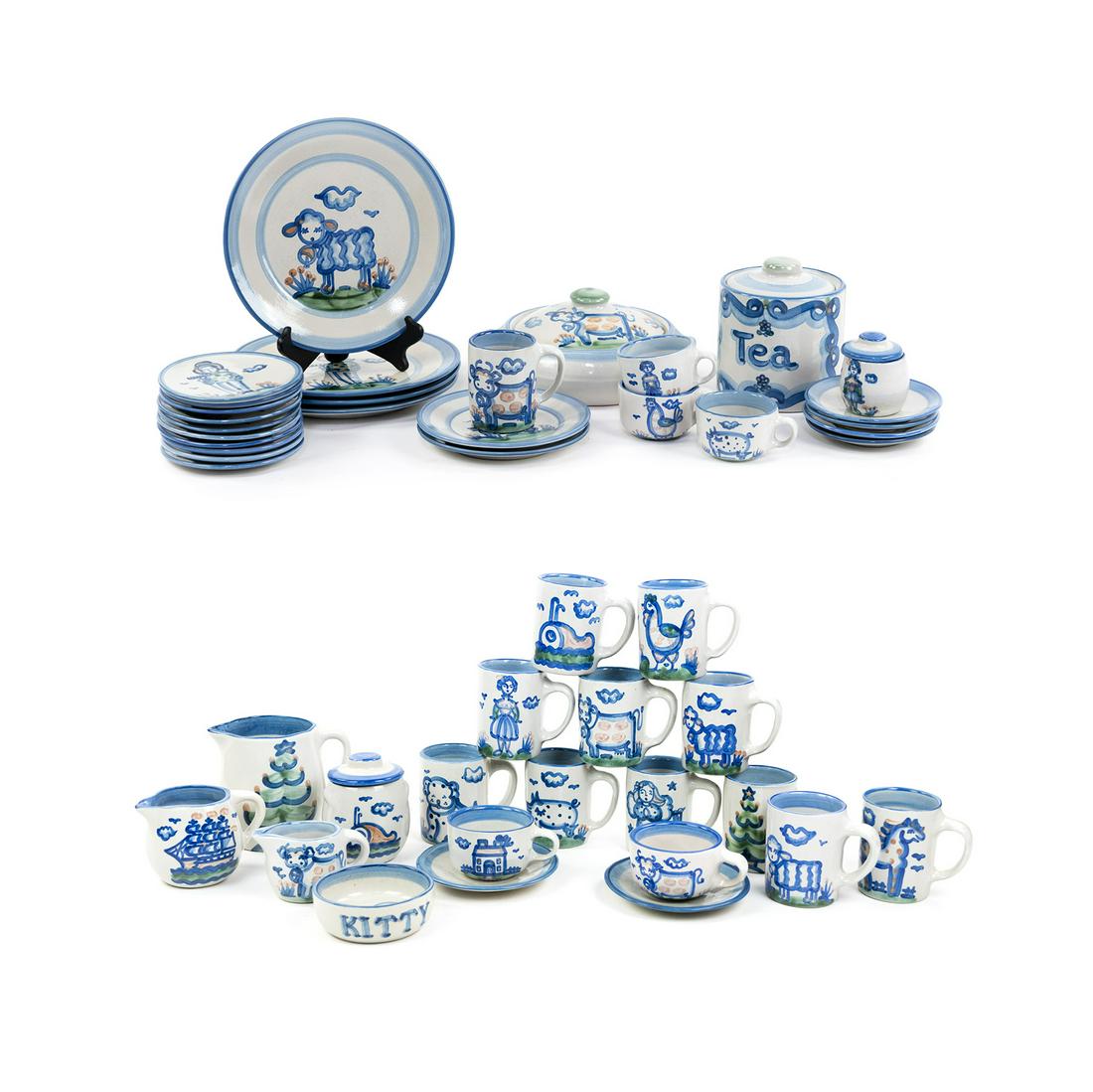 (46)Pc MA Hadley Signed Hand-Painted Pottery Dinnerware: A 46 piece group of hand-made and painted MA Hadley pottery consisting of 12 mugs, 5 flat cups, 16 saucers, 2 side plates, 4 dinner plates, 3 cream pitchers of varying sizes, 2 lidded sugar bowls, 1 '