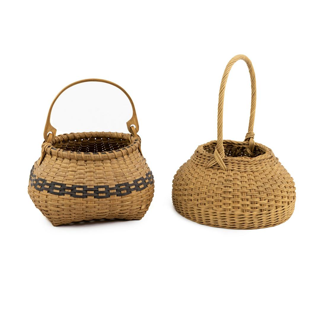 Miss Jimmie & Anne Signed Shaker Baskets: A group of 2 signed handwoven American baskets including an oak splint pot-bellied picking basket by 'Miss Jimmie' Kent of Sneads Fery, NC, having a Shaker cat head style base and a solid carved oak b