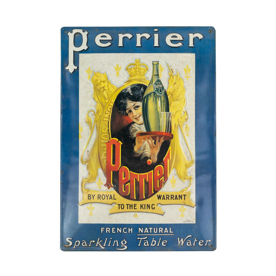 Perrier Embossed Metal Bar Advertising Sign: A Perrier metal bar advertising sign having embossed word 'Perrier' and center serving tray motif - 'By Royal Warrant to The King' with lower center reading 'French Natural Sparkling Table Water'. Has