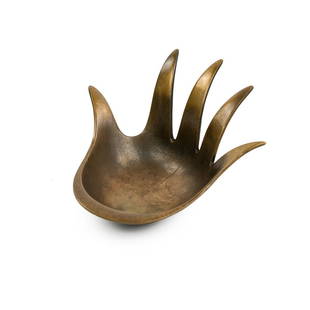 Walter Bosse Bronze Finish Hand Bowl Ashtray: A vintage Walter Bosse (Austrian, 1904-1979) for Hertha Baller brass hand bowl ashtray having faded dark finish with wide rim. Marked patent pending 'PAT. PEND' on underside.