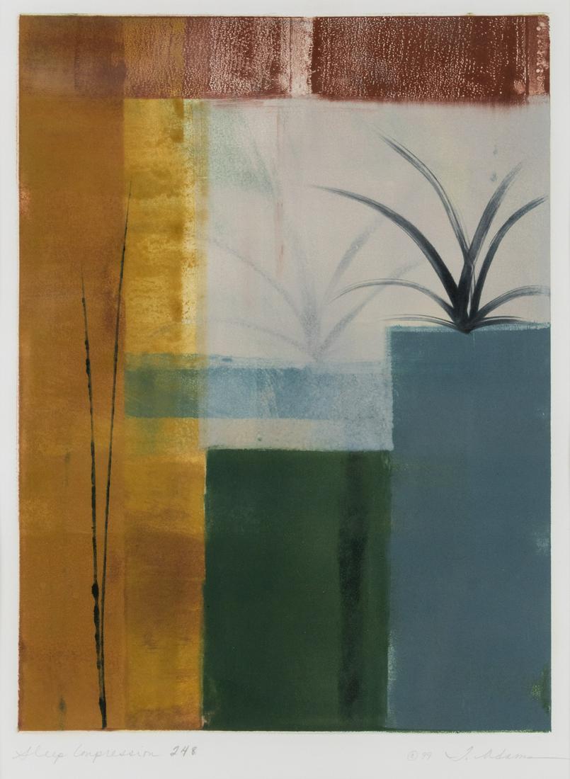 Tracey Adams 'Sleep Impression 248' Signed Monoprint: A Tracey Adams (American, Contemporary) signed monoprint titled 'Sleep Impression 248' depicting an abstracted scene. Pencil signed lower right, titled lower left. Presented in a metal frame, matted,