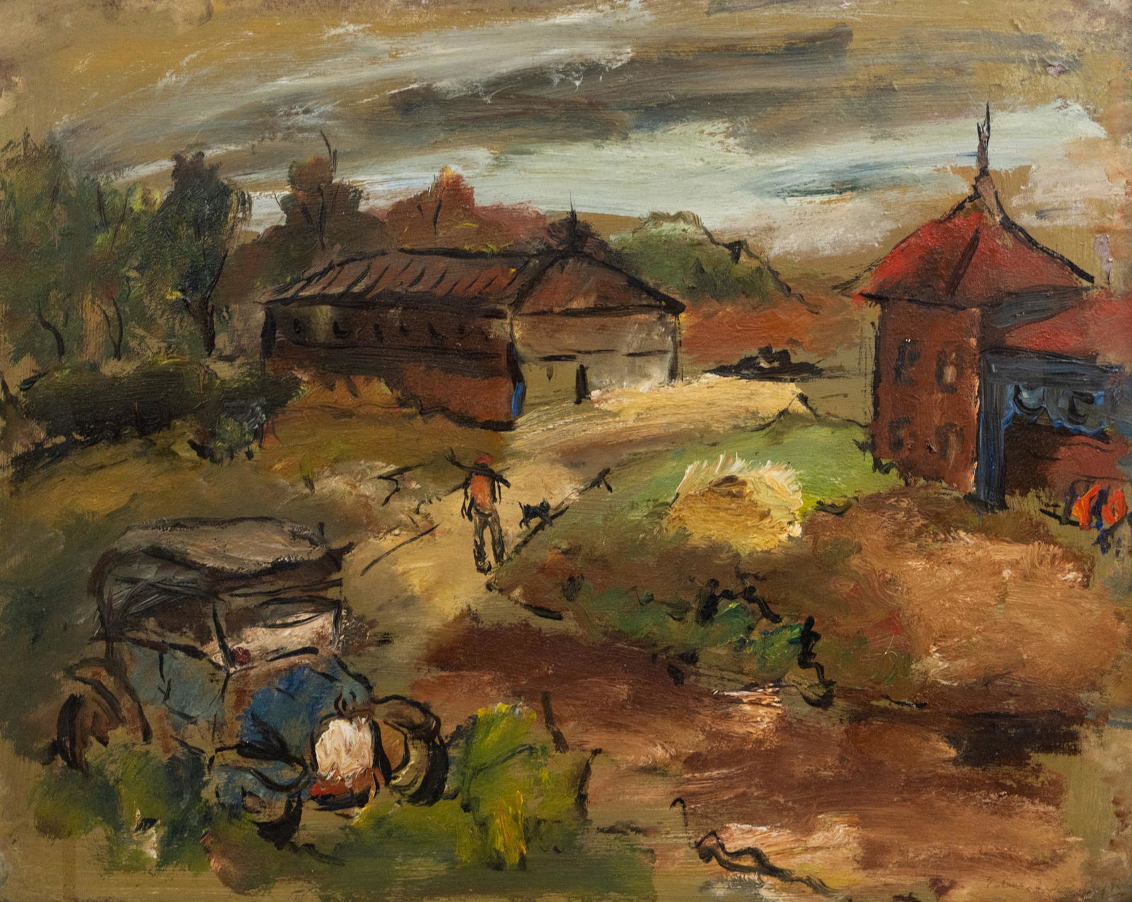 Edward Rosenfeld Barn and Village Signed O/B (1 of 12)