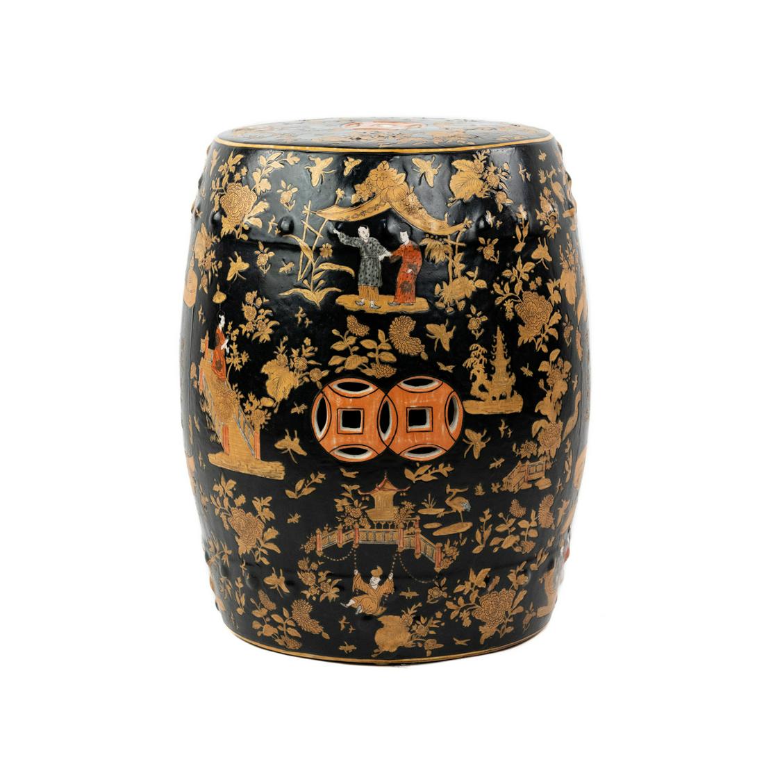 20th C Chinoiserie Black Chinese Garden Bench / Stool (1 of 18)