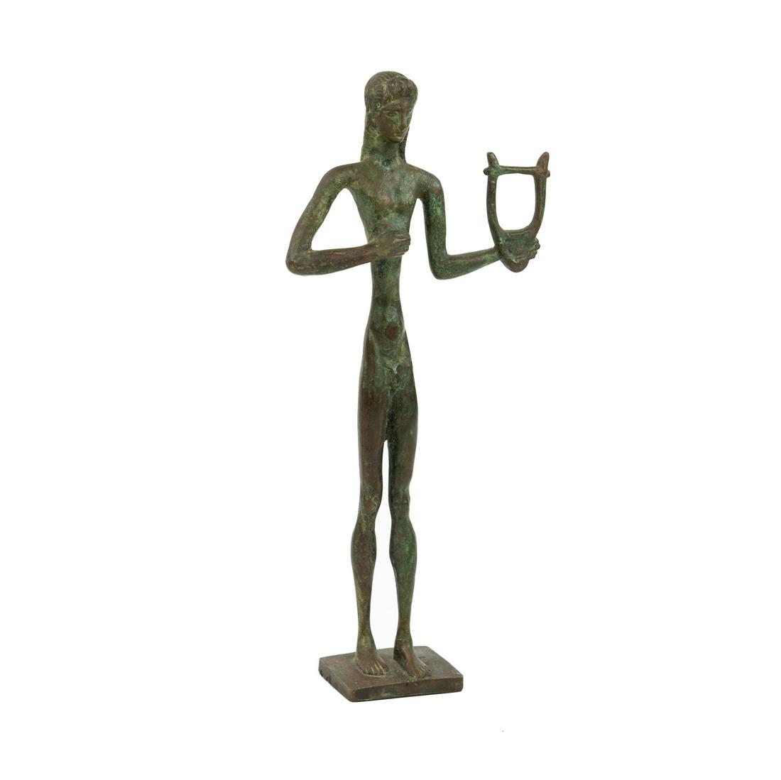 Apollo with Lyre Cast Verdigris Bronze Sculpture: A cast verdigris bronze sculpture depicting Olympian god Apollo holding a lyre standing atop a square base.