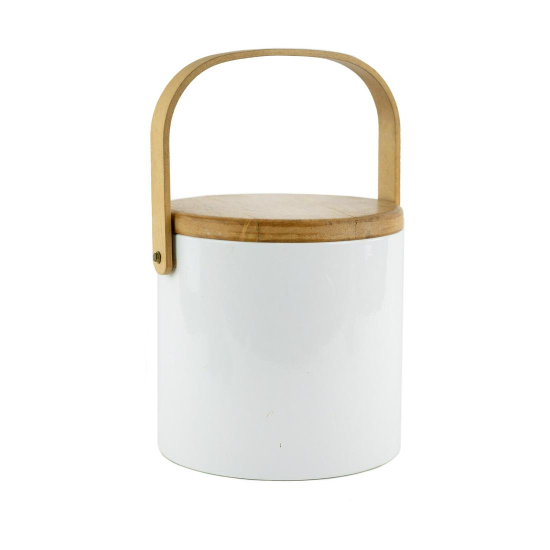 Georges Briard White Vinyl and Wood Ice Bucket: A mid-century modern Georges Briard white vinyl ice bucket having wooden lid and handle. Marked on underside.