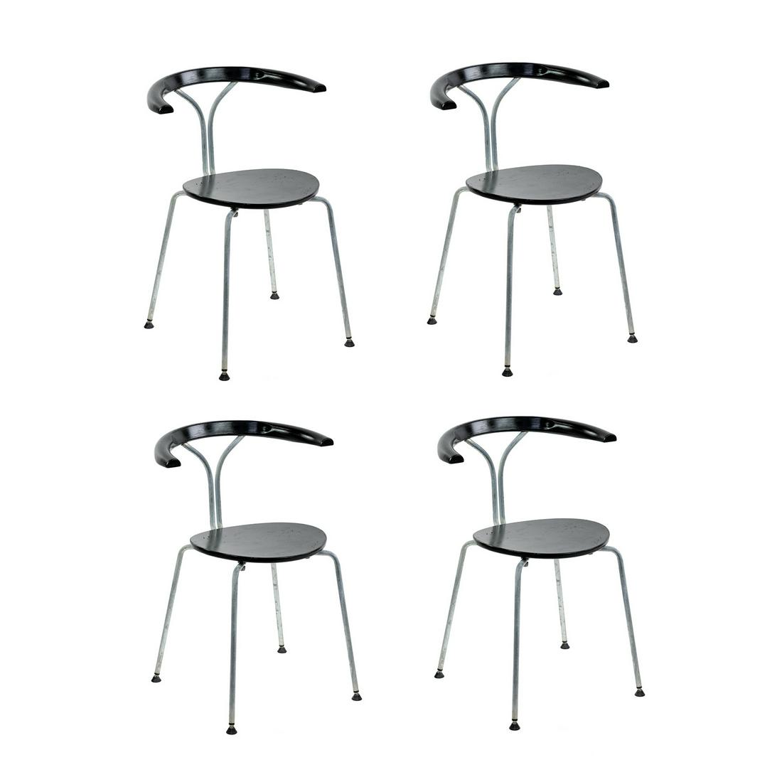 (4) Bauhaus Style Stolar Chairs by Bjorn Alge: A set of four Bauhaus style stolar chairs by Bjorn Alge having black painted beech wood with tubular steel frame. Seat height: 18" SHIPPING Atlanta Auction Gallery will not ship this lot in house. The