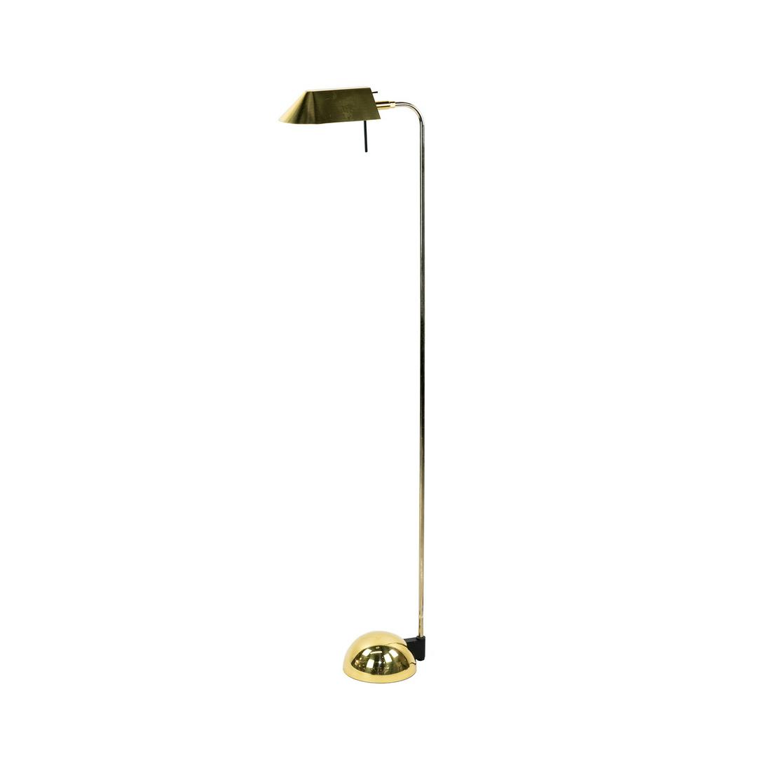 Robert Sonneman for George Kovacs Brass Floor Lamp: A 1989 Robert Sonneman for George Kovacs brass floor lamp with brass adjustable shade and rounded base. Stickered and marked on underside. SHIPPING Atlanta Auction Gallery will not ship this lot in ho