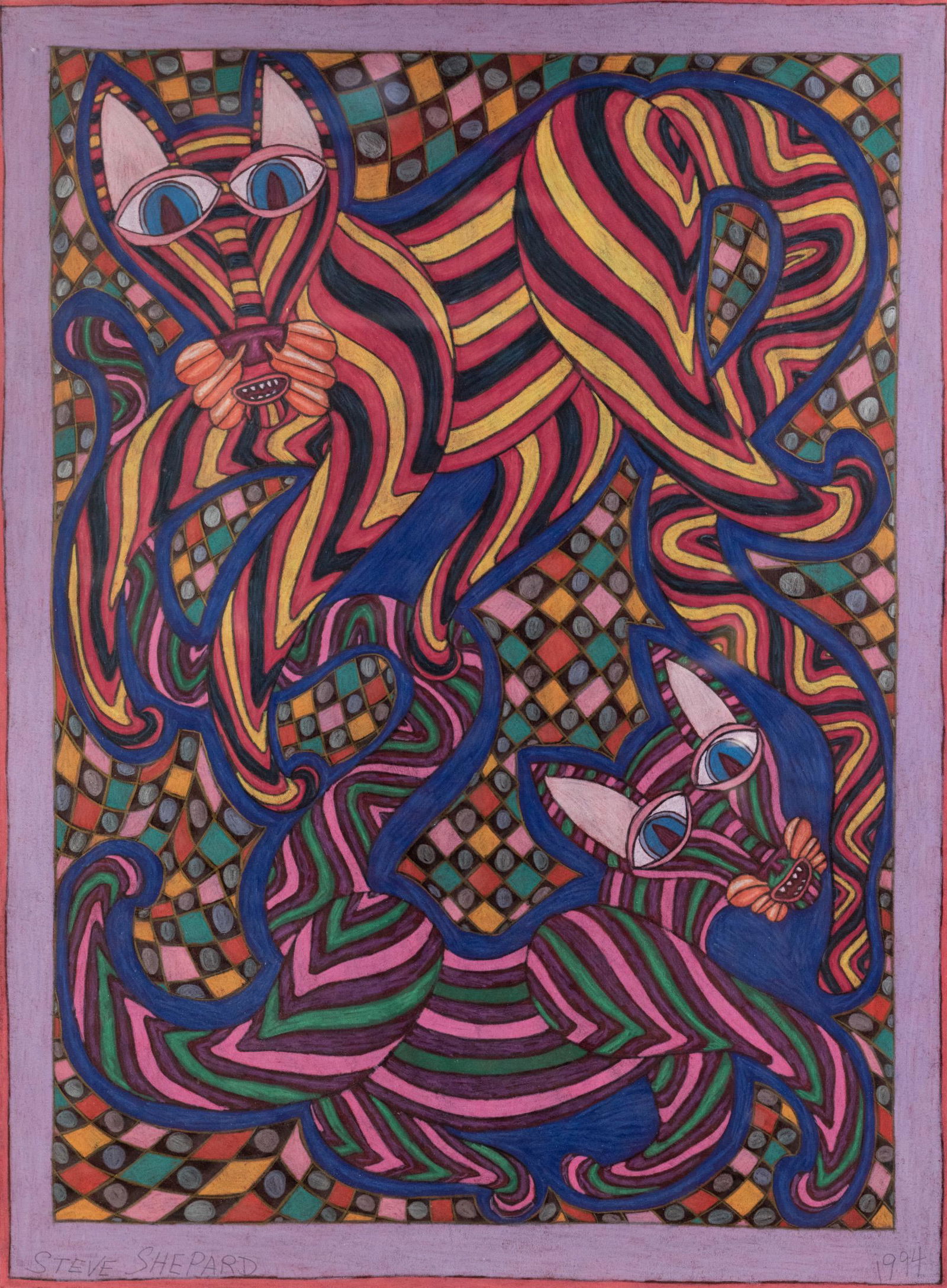 Steve Shepard Signed Folk Art Cats Pastel on Paper (1 of 13)