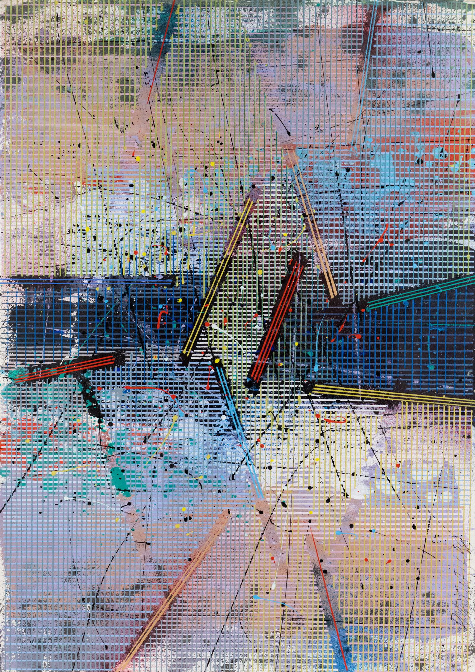 Paul Maxwell Abstract A/C Painting 1988 Signed: A Paul Maxwell (American, b. 1925) abstract acrylic on canvas painting in various purple and peach tones with blocks of primary colors. Presented in gold tone frame. Signed in paint in lower right cor