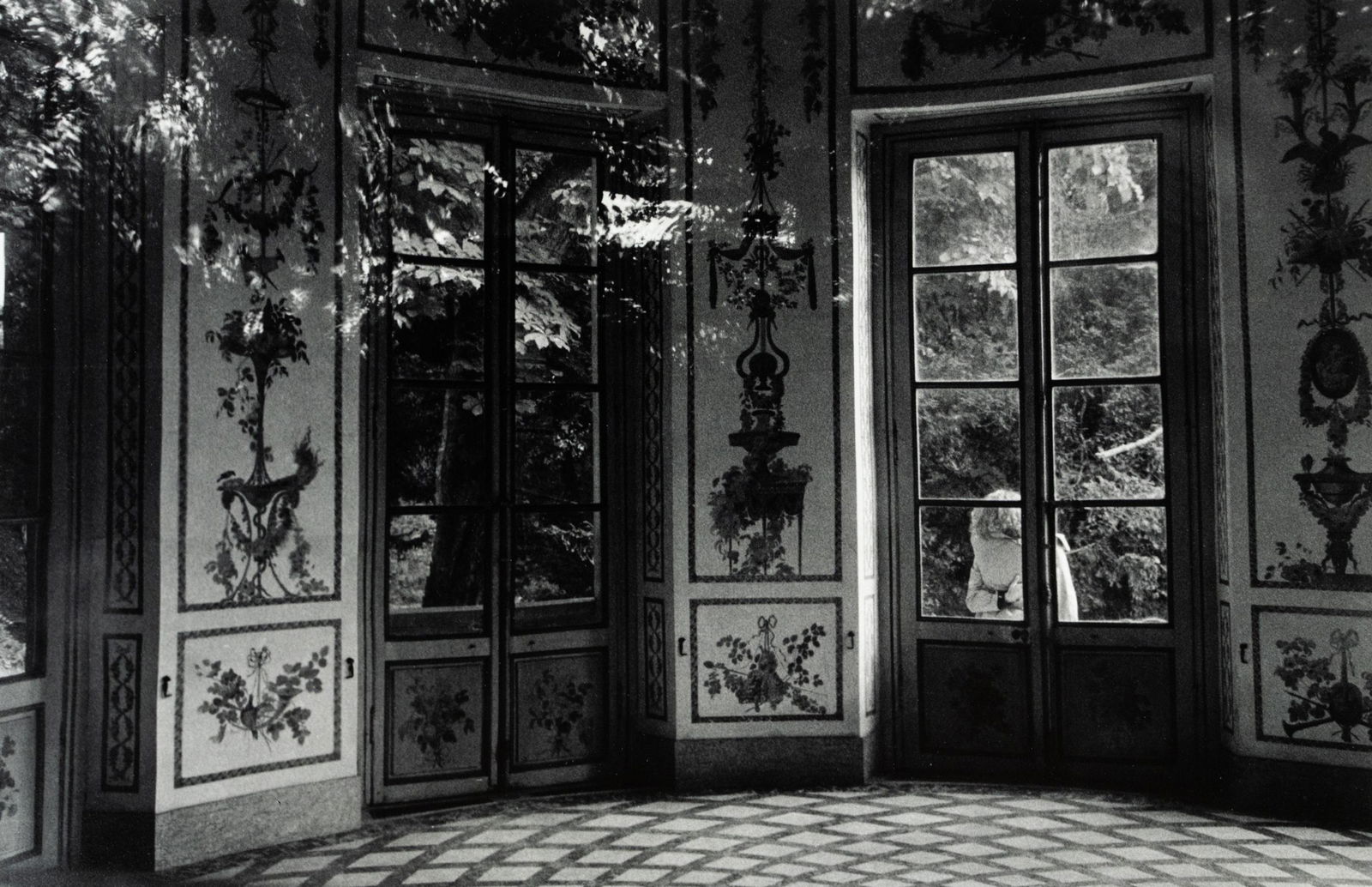 John Eide Belvedere, Versailles Signed Photograph Print: A John Eide (American, 1943-) black and white silver gelatin photograph print titled "Belvedere, Versailles" depicting the interior of the Belvedere Pavilion in Versailles. Signed in pencil in lower r