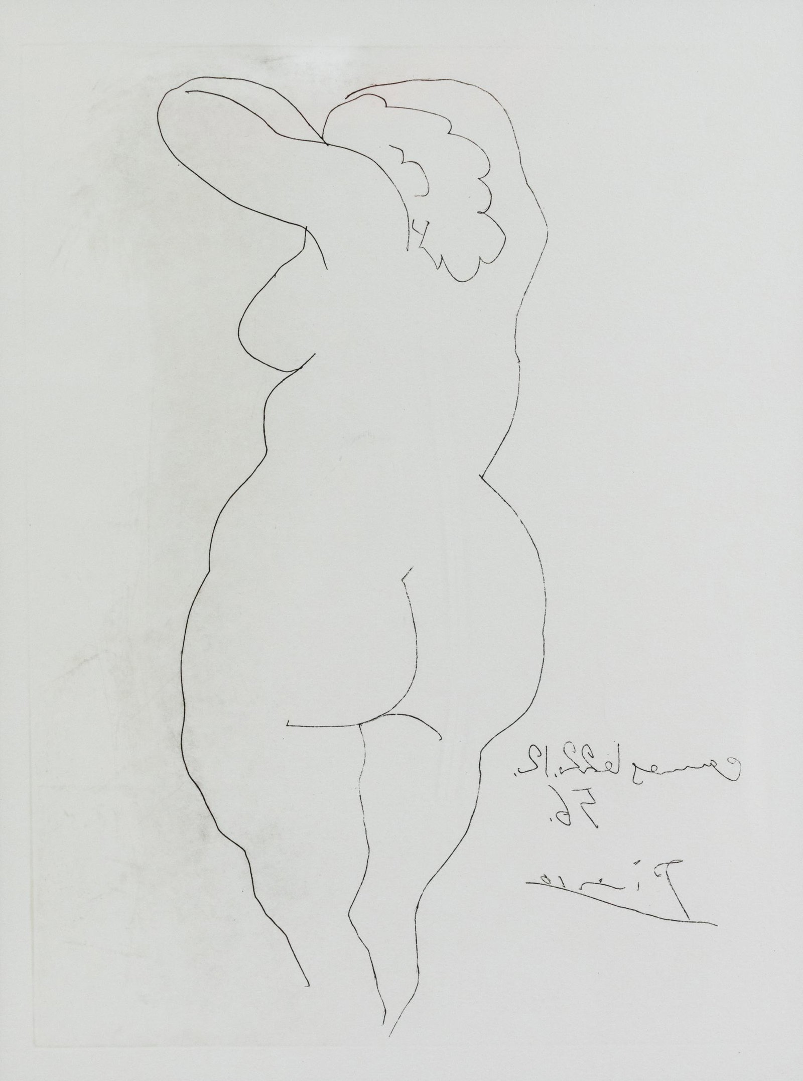 Pablo Picasso Reverse Etching Vue de Dos 1956 Cannes: A Pablo Picasso (Spanish, 1881-1973) circa 1956 titled 'Femme vue de Dos' depicting a nude figure facing away from the viewer. Signed and dated in the plate lower right. Matted and presented in a fram