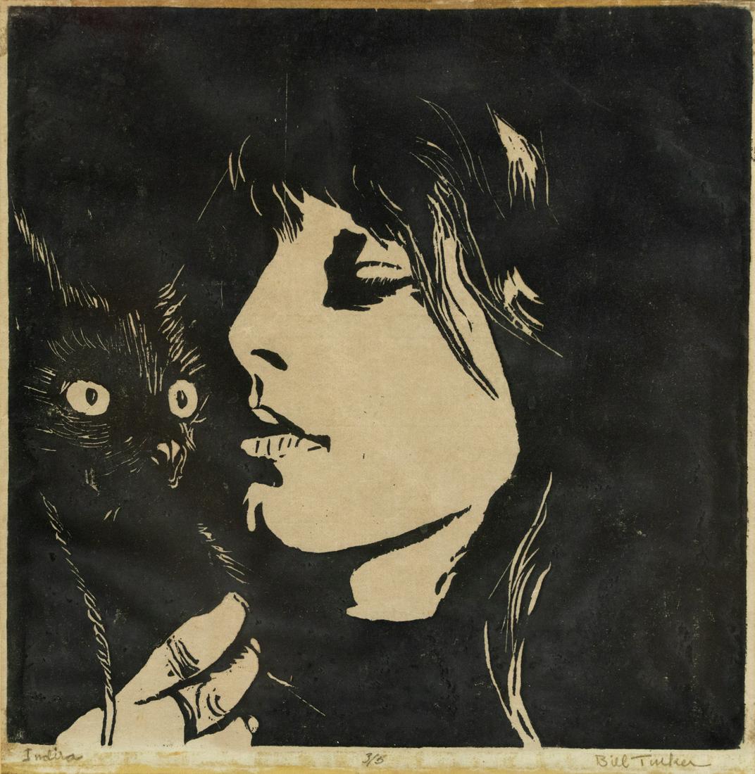 Bill Tucker Indira Signed Woodblock Print: A Bill Tucker woodblock print titled 'Indira' depicting a high contrast composition with a figure holding a cat. Signed in pencil lower right, editioned '3/5' lower center, titled lower left. Sight: 1