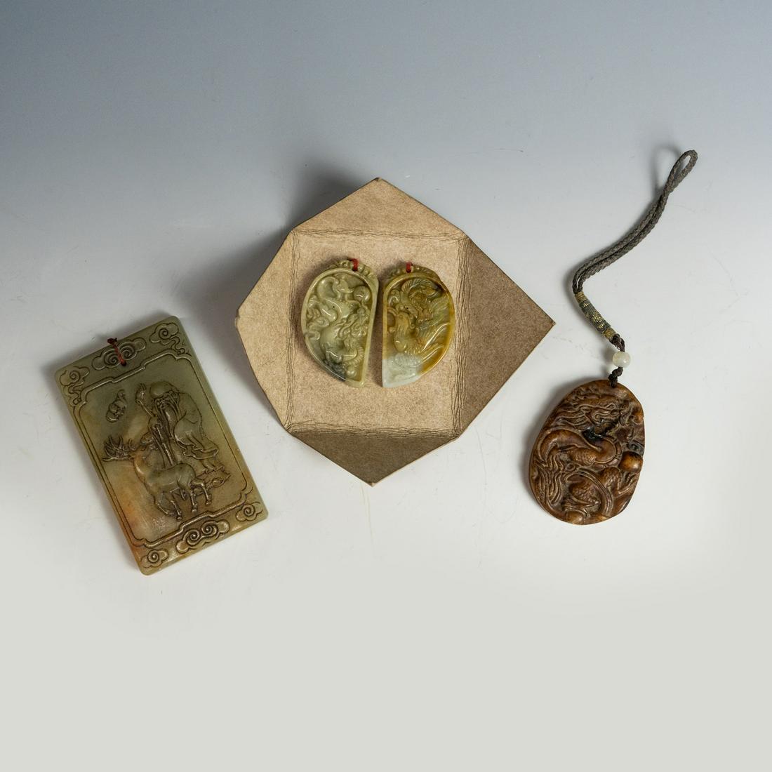 (3) Chinese Hardstone Carved Dragon Phoenix Pendants (1 of 7)
