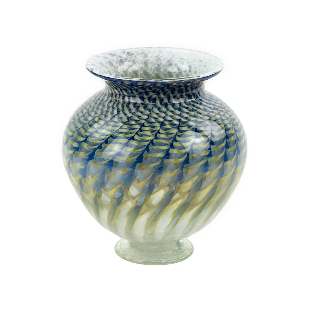 Ron Mynatt Hand Blown Art Glass Vase Signed: A Ron Mynatt (American, 20th Century) hand blown large art glass vase having a small footed base and an intricate swirl of gray, blue, and yellow. Signed and dated '99 on the underside.