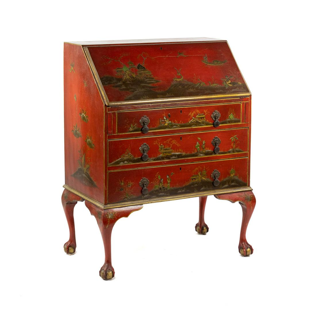 English Queen Anne Red Chinoiserie Slant Front Desk (1 of 17)