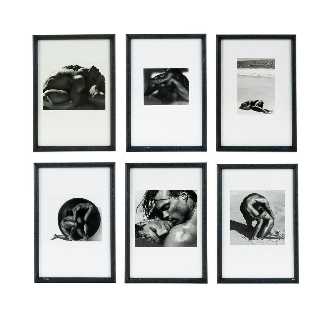 (6) Herb Ritts Black and White Male Nude Photographs Prints: A set of six (6) Herb Ritts (American, 1952-2002) black and white male nude photograph prints. Housed in wood frames behind glass. Unsigned and unmarked. 7.25" x 7.75"