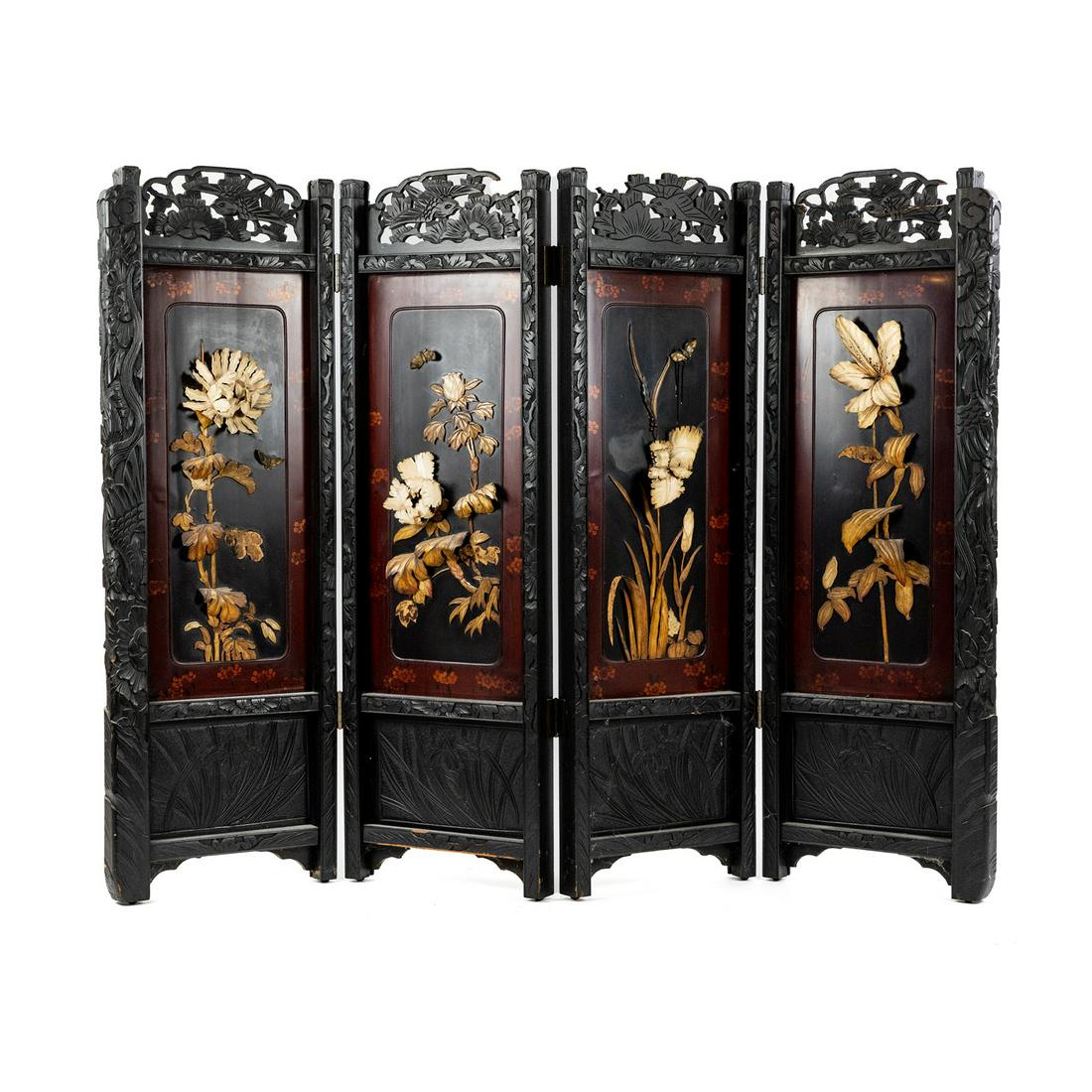 Chinese Ebonized Hardstone 4 Panel Screen (1 of 19)