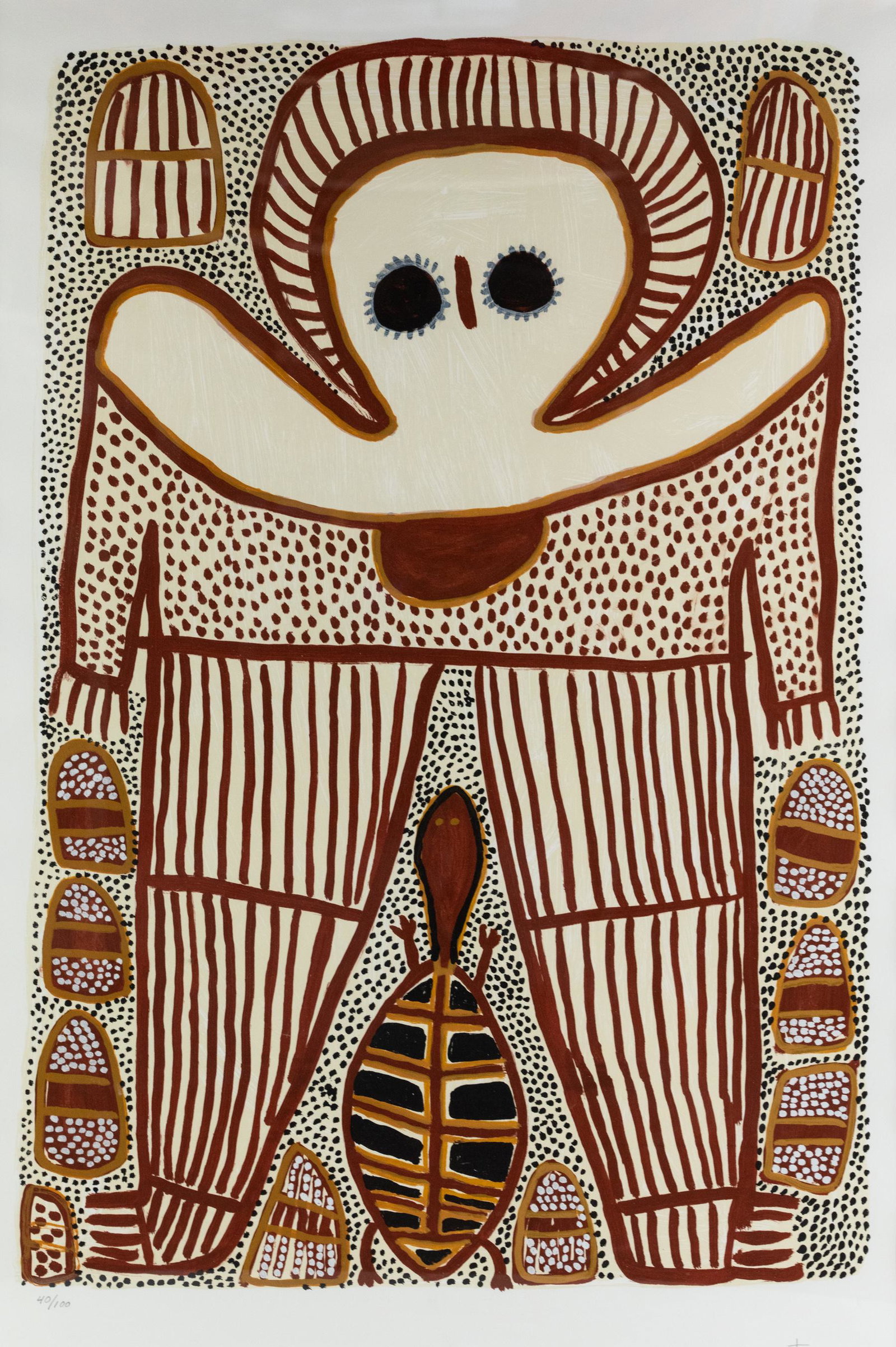 Lily Karedada Wandjina Serigraph: A Lily Mindildil Karedada (Aboriginal Australian, b. 1937) serigraph depicting a Wandjina spirit in earth tones with a turtle below against a dotted ground. Edition in pencil '40/100' at lower left. H